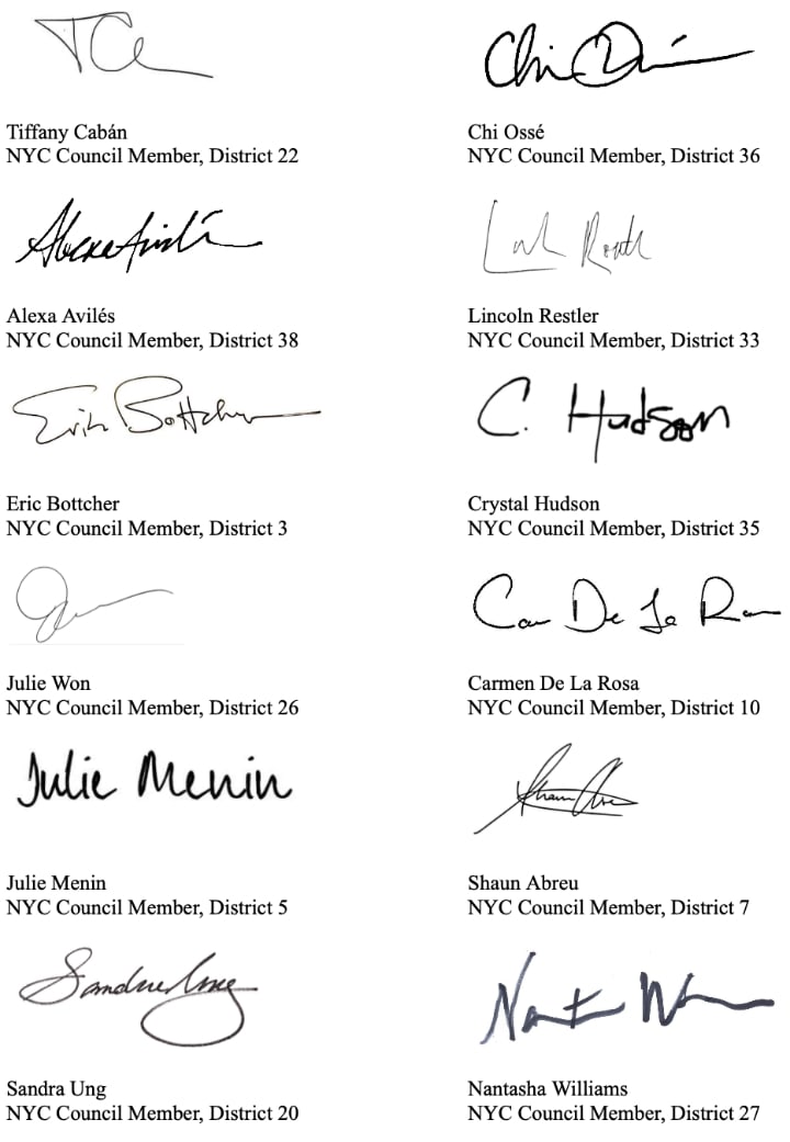 Mayor Adams and Commissioner Tisch letter NYC Council Signers